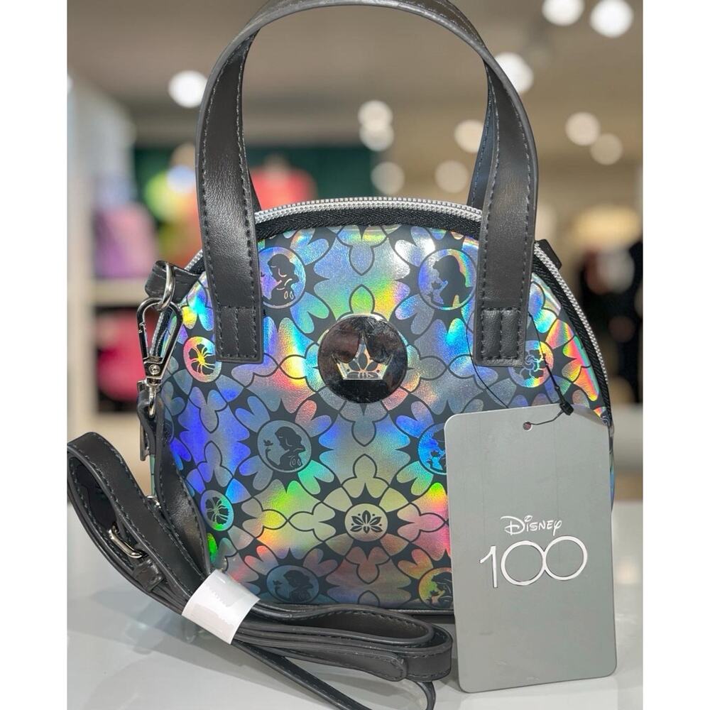 Disney 100 Princess Silhouette Black Holographic Mini Dome Crossbody Bag NWT